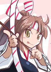Rule 34 | &gt;:p, 10s, 1girl, :p, aiming, arrow (projectile), bow (weapon), brown eyes, brown hair, drawing bow, headband, holding, holding bow (weapon), kantai collection, looking at viewer, mizuki hitoshi, muneate, ponytail, sketch, smile, solo, tongue, tongue out, v-shaped eyebrows, weapon, yellow eyes, zuihou (kancolle)