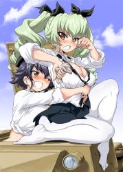 Rule 34 | ;d, anchovy (girls und panzer), anzio school uniform, beret, black hair, black neckwear, black ribbon, black skirt, blue sky, breasts, brown eyes, carro veloce cv-33, cloud, cloudy sky, commentary, day, dress shirt, drill hair, female pervert, frown, gemu555, girls und panzer, green hair, grimace, grin, hair ribbon, hat, holding, hug, hug from behind, large breasts, long hair, long sleeves, looking at another, military, military vehicle, miniskirt, motor vehicle, necktie, no shoes, on vehicle, one eye closed, open mouth, outdoors, pantyhose, partially unbuttoned, pepperoni (girls und panzer), pervert, pleated skirt, rag, red eyes, ribbon, school uniform, shirt, short hair, sitting, skirt, sky, sleeves rolled up, smile, tank, tied shirt, twin drills, twintails, undone necktie, white legwear, white shirt