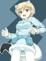 Rule 34 | 10s, 1girl, ^^^, animal ears, bad id, bad pixiv id, bag, blonde hair, blue eyes, blush, brave witches, from below, ikura hato, military, military uniform, nikka edvardine katajainen, open mouth, pantyhose, satchel, short hair, solo, strike witches, sweater, tail, tears, uniform, white pantyhose, world witches series