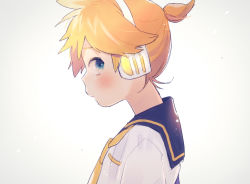 Rule 34 | 1boy, blonde hair, blue eyes, blush, expressionless, gradient background, grey background, headset, kagamine len, kouhara yuyu, looking back, male focus, profile, shirt, short hair, simple background, solo, upper body, vocaloid, white background, white shirt, yellow neckwear
