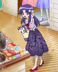 Rule 34 | 1girl, bag, belt, bow, floral print, gurasan (happinesscharge precure!), hair bow, happinesscharge precure!, highres, hikawa iona, long hair, long skirt, mirror, official art, parted bangs, precure, purple eyes, purple hair, purple skirt, red footwear, shop, shoulder bag, skirt, smile, solo, third-party source