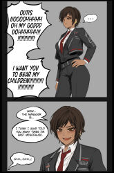 Rule 34 | ..., 1girl, 1other, artist request, belt, black pants, black vest, blush, brown eyes, brown hair, collared shirt, dark skin, earrings, english text, highres, imageboard desourced, jacket, jewelry, limbus company, necktie, open clothes, open jacket, outis (project moon), pants, project moon, red necktie, shirt, speech bubble, spoken ellipsis, sweatdrop, third-party source, vest, white shirt