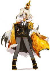 Rule 34 | 1boy, absurdres, beeeeeebird, black cape, black footwear, black pantyhose, black sclera, black skirt, black tears, boots, cape, colored sclera, crown, e.g.o (project moon), forehead jewel, fur-trimmed cape, fur trim, gold trim, highres, king of greed, library of ruina, medium hair, open mouth, pantyhose, pencil skirt, project moon, roland (project moon), simple background, skirt, smile, solo, trap, two-sided cape, two-sided fabric, white background, white hair, yellow cape, yellow gemstone