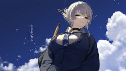 1girl bags_under_eyes black_bag black_choker blue_cardigan blue_necktie blue_sky breasts cardigan choker cloud grey_eyes grey_hair hair_ornament hair_stick halo highres itokonoue_kaoru large_breasts looking_at_viewer looking_down loose_hair_strand necktie parted_bangs project_kv rff_(3_percent) sky smug solo sword upper_body weapon weapon_behind_back weapon_on_back