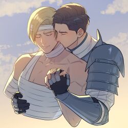 Rule 34 | 2boys, armor, bandaged arm, bandaged chest, bandaged head, bandaged neck, bandages, black hair, blonde hair, closed eyes, closed mouth, collarbone, couple, cropped torso, dion lesage, final fantasy, final fantasy xvi, hand on another&#039;s chest, hasuha makoto, holding hands, kiss, kissing neck, light smile, male focus, multiple boys, shirt, short hair, shoulder armor, swept bangs, terrence (ff16), topless male, white shirt, yaoi