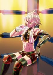 Rule 34 | 1girl, abs, ahoge, alternate costume, bottle, commentary, dana zane, drinking, girls&#039; frontline, highres, knee pads, mechanical arms, mugitarou, muscular, shorts, single mechanical arm, sitting, solo, sweat, towel, towel around neck, va-11 hall-a, water bottle, white hair, wrestling outfit, wrestling ring, yellow eyes