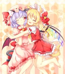 Rule 34 | 2girls, ^ ^, absurdres, animal ears, bare legs, barefoot, bat wings, bell, blonde hair, blue hair, bow, bowtie, cat ears, cat tail, closed eyes, flandre scarlet, hat, hat bow, hat ribbon, highres, jingle bell, kemonomimi mode, leg up, mimi (mimi puru), miniskirt, mob cap, multiple girls, one eye closed, pink hat, pink skirt, puffy short sleeves, puffy sleeves, red bow, red eyes, red neckwear, red ribbon, red skirt, remilia scarlet, ribbon, short sleeves, siblings, sisters, skirt, skirt set, smile, tail, touhou, vest, white hat, wings, wrist cuffs, yellow neckwear