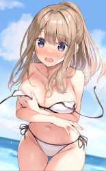 Rule 34 | 1girl, bare arms, bare shoulders, bikini, blush, breasts, brown hair, cleavage, collarbone, covering privates, covering breasts, cowboy shot, embarrassed, gluteal fold, groin, hair ornament, hairclip, halterneck, highres, large breasts, long hair, looking at viewer, navel, nose blush, open mouth, original, oryo (oryo04), ponytail, purple eyes, side-tie bikini bottom, sidelocks, solo, stomach, string bikini, swimsuit, thigh gap, thighs, wardrobe malfunction, wet, white bikini