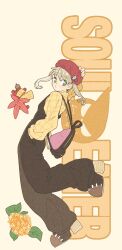 Rule 34 | 1girl, bag, blonde hair, commentary request, copyright name, flower, full body, green eyes, hand on headwear, hat, highres, large shoes, maka albarn, overalls, profile, red hat, sekitan47, shirt, shoes, shoulder bag, solo, soul eater, twintails, yellow background, yellow shirt