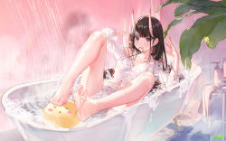 Rule 34 | &gt; &lt;, 1girl, artist name, atdan, azur lane, bare legs, barefoot, bathtub, bikini, bikini under clothes, black bikini, bottle, breasts, claw foot bathtub, commentary, earrings, english commentary, feet, feet on toy, full body, hair tie in mouth, hands up, highres, horns, jewelry, leaf, long hair, long sleeves, looking at viewer, manjuu (azur lane), medium breasts, mouth hold, navel, noshiro (azur lane), noshiro (cozy enclave) (azur lane), off shoulder, official alternate costume, oni horns, partially submerged, purple eyes, see-through, shirt, shorts, soles, solo, string bikini, swimsuit, toes, water, wet, white shirt, white shorts