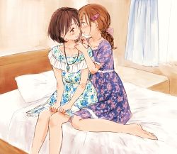Rule 34 | 2girls, bad id, bad pixiv id, barefoot, bed, brown eyes, brown hair, collarbone, curtains, dress, eye contact, face-to-face, hair ornament, hairclip, indoors, jewelry, kneeling, looking at another, multiple girls, necklace, open mouth, original, pillow, ponytail, sitting, smile, syou (endemic species), toes, yuri