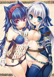Rule 34 | 2girls, :d, areola slip, armband, asymmetrical docking, azure (armor), bandages, bare shoulders, belt, blue eyes, blue hair, blue thighhighs, breast press, breasts, capcom, choker, cleavage, elbow gloves, fishnet top, fishnets, gloves, hair ribbon, hairband, ichijou hitoshi, large breasts, long hair, monster hunter, monster hunter (series), monster hunter frontier, multiple girls, nargacuga (armor), navel, open mouth, panties, panty pull, pink eyes, ribbon, silver hair, smile, thighhighs, underwear