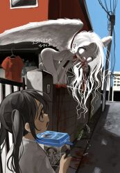 Rule 34 | 4girls, arm support, black hair, blood, blood on face, blood on ground, blood on hands, box, cannibalism, colored skin, completely nude, day, eating, extra arms, feathered wings, food in mouth, glowing, glowing eyes, grey eyes, grey skin, highres, holding, holding box, house, in container, insect wings, ishida umi, kneeling, long hair, looking at another, mini person, minigirl, monster girl, mouth hold, multiple girls, nude, on wall, open mouth, original, outdoors, severed wings, shirt, spread wings, tears, twintails, utility pole, wavy hair, white eyes, white hair, white shirt, wings
