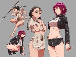 Rule 34 | 2girls, arm at side, barefoot, black footwear, black hair, black jacket, black shorts, boots, breasts, brown eyes, brown hairband, closed mouth, commentary request, crop top, cropped jacket, feet, fumitan (humitan), grey background, hair between eyes, hair pulled back, hairband, hand on floor, hand on own hip, hands up, highres, holding, holding polearm, holding weapon, jacket, light frown, long sleeves, looking at viewer, medium breasts, midriff, multiple girls, multiple views, navel, original, parted lips, polearm, purple hair, short hair, short shorts, shorts, sidelocks, simple background, spear, squatting, toes, weapon, yellow eyes