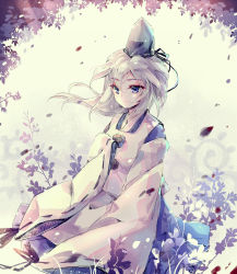 Rule 34 | 1girl, akinomiya asuka, blue hat, blue ribbon, closed mouth, detached sleeves, eyebrows, hand on own chest, hat, japanese clothes, kariginu, long sleeves, looking away, looking down, mononobe no futo, motion blur, petals, plant, pom pom (clothes), ribbon, ribbon-trimmed sleeves, ribbon trim, silver hair, simple background, skirt, smile, solo, sunlight, tate eboshi, touhou, very long sleeves, wide sleeves
