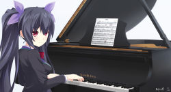 Rule 34 | 10s, 1girl, artist name, bad id, bad pixiv id, bass clef, beamed quavers, black hair, blush, crotchet rest, flat sign, grand piano, hair ribbon, instrument, keenh, long hair, looking at viewer, music, musical note, neptune (series), noire (neptunia), piano, playing instrument, red eyes, ribbon, sheet music, smile, solo, treble clef, twintails