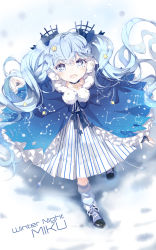 Rule 34 | 1girl, :d, blue bow, blue eyes, blue hair, bow, character name, choker, cloak, constellation, crescent, cross-laced footwear, dress, earmuffs, eyebrows, fingerless gloves, from above, full body, fuyu no yoru miku, gloves, hair bow, hair ornament, hatsune miku, highres, hood, hood down, hooded cloak, jewelry, linfi-muu, long hair, looking at viewer, loose socks, neck ribbon, open mouth, pendant, pom pom (clothes), revision, ribbon, shoes, smile, sneakers, snow, snowing, socks, solo, star (symbol), star hair ornament, starry sky print, striped clothes, striped dress, symbol-shaped pupils, twintails, very long hair, vocaloid, walking, white socks