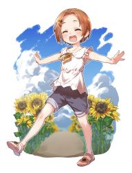 Rule 34 | 1girl, :d, ^ ^, bare arms, blush, brown footwear, brown hair, closed eyes, collared shirt, day, facing viewer, field, flower, flower field, forehead, full body, grey shorts, hair flower, hair ornament, hairclip, highres, idolmaster, idolmaster cinderella girls, neck ribbon, open mouth, outstretched arms, parted bangs, ribbon, ryuzaki kaoru, sandals, shirt, short hair, short shorts, shorts, sleeveless, sleeveless shirt, smile, solo, spread arms, standing, standing on one leg, sunflower, sunflower field, sunflower hair ornament, white shirt, yellow flower, yellow ribbon, yukie (kusaka shi)