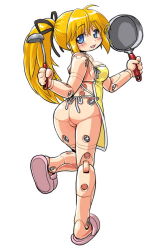 Rule 34 | 10s, 1girl, apron, arnval, ass, bad id, bad pixiv id, blonde hair, blue eyes, blush, busou shinki, capcom, dd (ijigendd), doll, doll joints, from behind, frying pan, hair ribbon, joints, ladle, looking back, mega man (classic), mega man (series), naked apron, ponytail, ribbon, roll (mega man), screw, simple background, solo, standing, standing on one leg