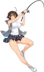 Rule 34 | 1girl, :q, ahoge, breasts, brown hair, cle masahiro, fishing rod, full body, jacket, large breasts, looking at viewer, no socks, official art, plaid, plaid skirt, pleated skirt, shoes, short hair, simple background, skirt, sleeveless, sneakers, solo, tongue, tongue out, valkyrie drive, valkyrie drive -siren-, vivian sinclair, white background, yellow eyes