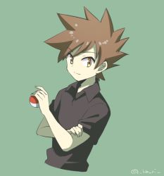 Rule 34 | 1boy, artist name, blue oak, brown hair, closed mouth, collared shirt, commentary request, creatures (company), game freak, green background, hand on own arm, hari611, holding, holding poke ball, male focus, nintendo, poke ball, poke ball (basic), pokemon, pokemon frlg, shirt, short sleeves, sideways glance, solo, spiked hair, upper body