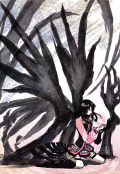 Rule 34 | 1girl, armor, black hair, black wings, darkness, highres, kneeling, oichi, oichi (sengoku basara), painting (medium), rei crux, reiuhii, sengoku basara, shadow, solo, traditional media, watercolor (medium), wings