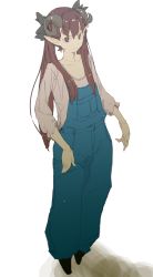 Rule 34 | 1girl, brown eyes, brown hair, character request, highres, horns, long hair, overalls, pisoshi, pointy ears, shirt, sketch, solo, twintails