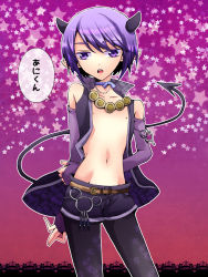 Rule 34 | 1boy, absurdres, belt, blue hair, child, demon boy, demon tail, elbow gloves, fingerless gloves, gloves, highres, horns, jewelry, looking at viewer, male focus, nana (pixiv5062684), navel, necklace, necktie, nipples, open mouth, pantyhose, pointy ears, purple eyes, purple hair, shorts, solo, standing, star (symbol), tail, translation request, vest