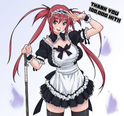 Rule 34 | 00s, 1girl, airi (queen&#039;s blade), airi (queen's blade), airi (the infernal temptress), amami amayu, black thighhighs, breasts, cowboy shot, detached collar, green eyes, large breasts, long hair, looking at viewer, maid, queen&#039;s blade, red hair, salute, smile, solo, thighhighs, twintails, very long hair, wrist cuffs, zettai ryouiki