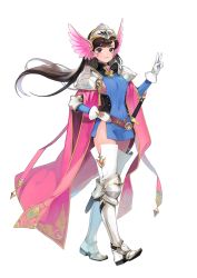 Rule 34 | 1girl, adapted costume, armor, armored boots, belt, blue dress, boots, breasts, brown eyes, brown hair, cape, chkuyomi, closed mouth, covered navel, d.va (overwatch), detached collar, dress, elbow gloves, elbow pads, facepaint, facial mark, full body, gem, gloves, greaves, hand on own hip, hand up, head wings, helm, helmet, highres, knee pads, lips, long hair, long sleeves, looking at viewer, medium breasts, microdress, overwatch, overwatch 1, pauldrons, pink cape, pink lips, scabbard, sheath, sheathed, shoulder armor, shoulder pads, side slit, sideboob, sleeveless, sleeveless dress, smile, solo, standing, sword, tabard, thigh boots, thighhighs, transparent background, turtleneck, v, weapon, whisker markings, white footwear, white gloves, white thighhighs, winged helmet, wings