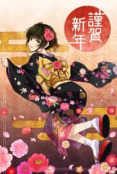 Rule 34 | 1girl, black hair, floral print, flower, from behind, green eyes, hair flower, hair ornament, highres, japanese clothes, kimono, looking back, new year, original, parted lips, sandals, socks, solo, takeko spla, translation request