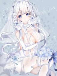 Rule 34 | 1girl, azur lane, bad id, bad pixiv id, bare shoulders, blue eyes, blue flower, bouquet, breasts, cleavage, closed mouth, collarbone, commentary request, copyright name, dress, elbow gloves, flower, gloves, hair flower, hair ornament, halter dress, halterneck, illustrious (azur lane), illustrious (morning star of love and hope) (azur lane), large breasts, long hair, looking at viewer, low twintails, sakura mochiko, see-through, silver hair, sitting, smile, solo, sparkle, thighhighs, twintails, veil, very long hair, wedding dress, white dress, white flower, white gloves, white thighhighs
