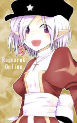 Rule 34 | 1girl, :d, ark kan, black hat, blush, bow, breasts, brown background, commentary request, copyright name, cross, cross necklace, dress, eyes visible through hair, flower, hat, hat ornament, high priest (ragnarok online), highres, jewelry, juliet sleeves, light purple hair, long sleeves, looking at viewer, necklace, open mouth, pink flower, pointy ears, puffy sleeves, purple eyes, ragnarok online, red dress, sash, short hair, small breasts, smile, solo, star (symbol), star hat ornament, teeth, two-tone dress, upper body, upper teeth only, white bow, white dress, white sash