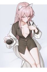 Rule 34 | 1girl, absurdres, animal ears, black shirt, breasts, cat ears, cat girl, coat, coffee mug, cup, emile aoi, error, extra ears, feet out of frame, girls&#039; frontline, highres, holding, holding cup, long hair, looking at viewer, mug, no panties, off shoulder, one eye closed, open clothes, open coat, partially unbuttoned, persica (girls&#039; frontline), pink eyes, pink hair, shirt, small breasts, solo, white coat