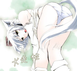 Rule 34 | 1girl, animal ears, ass, bare shoulders, bent over, blush, detached sleeves, female focus, gisyo, hat, inubashiri momiji, kneepits, no pants, panties, short hair, solo, tail, tokin hat, touhou, underwear, white hair, wolf ears, wolf tail, yellow eyes