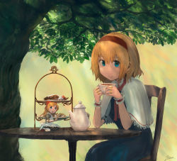 Rule 34 | 1girl, alice margatroid, bad id, bad pixiv id, blonde hair, blue dress, blue eyes, capelet, chair, cookie, cup, dress, female focus, food, hair ribbon, hairband, jewelry, long hair, looking at viewer, open mouth, ribbon, ring, shanghai doll, short hair, short sleeves, sitting, smile, solo, table, teacup, teapot, tiered tray, touhou, tree, wrist cuffs, you (shimizu)