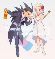 Rule 34 | 1boy, 1girl, 4 fnf, alternate costume, alternate hairstyle, black footwear, black hair, black neckwear, black suit, blonde hair, blue eyes, bow, closed mouth, dragon quest, dragon quest builders 2, dress, earrings, elbow gloves, english text, closed eyes, facing another, female builder (dqb2), formal, gloves, unworn gloves, grey background, hair bow, hammer, holding, holding clothes, holding gloves, holding hammer, jewelry, long hair, looking at another, multicolored clothes, multicolored gloves, necktie, official alternate hairstyle, petals, pointy ears, ponytail, shoes, short hair, sidoh (dqb2), simple background, smile, spiked hair, suit, tears, white bow, white dress, white footwear, white gloves