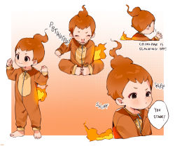 Rule 34 | 1boy, barefoot, blush, brown hair, character name, child, chimchar, clenched hands, commentary, creatures (company), english text, fire, game freak, gen 4 pokemon, hands up, highres, long sleeves, male focus, nemui (nemuriyagi), nintendo, personification, pokemon, speech bubble, thumbs down, toes, tongue, tongue out, zipper pull tab