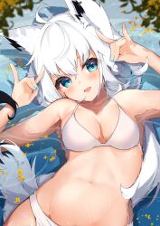 Rule 34 | 1girl, :d, animal ears, bikini, blue eyes, breasts, double fox shadow puppet, fox ears, fox girl, fox shadow puppet, fox tail, highres, hololive, large breasts, long hair, looking at viewer, navel, open mouth, partially submerged, shirakami fubuki, smile, stomach, swimsuit, tail, takumin dx, virtual youtuber, water, wet, white bikini, white hair