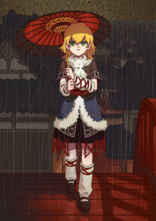 Rule 34 | 1girl, architecture, arm warmers, blonde hair, brown shirt, east asian architecture, female focus, green eyes, highres, layered clothes, mizuhashi parsee, momijigari, oil-paper umbrella, pointy ears, rain, scarf, shirt, socks, solo, touhou, umbrella, white socks