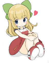 Rule 34 | 1girl, absurdres, black socks, blonde hair, blue eyes, blush stickers, bow, breasts, closed mouth, commentary request, dress, green bow, hair bow, heart, highres, knees up, long hair, looking at viewer, mega man (classic), mega man (series), red dress, red footwear, roll (mega man), rururu (pyrk8855), shadow, shoes, short sleeves, sitting, small breasts, smile, socks, solo, white background