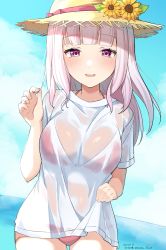 Rule 34 | 1girl, absurdres, bikini, bikini under clothes, blue sky, blush, breasts, cloud, cloudy sky, commentary request, dated, day, flower, halterneck, hat, hat flower, highres, hirota fruit, horizon, long hair, looking at viewer, medium breasts, nijisanji, no pants, ocean, outdoors, pink bikini, purple eyes, purple hair, see-through, shiina yuika, shiina yuika (6th costume), shirt, short sleeves, signature, sky, smile, solo, straw hat, sunflower, swimsuit, twitter username, virtual youtuber, water, wavy mouth, wet, wet clothes, wet shirt, white hair, white shirt, yellow flower