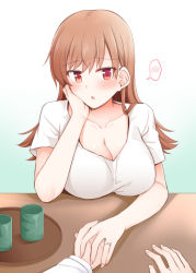 Rule 34 | 1girl, 1other, alternate costume, blouse, breast rest, breasts, breasts on table, brown eyes, brown hair, cleavage, collarbone, cup, dated, gradient background, holding hands, jewelry, kantai collection, large breasts, long hair, looking at viewer, ooi (kancolle), pov, revision, ring, rui shi (rayze ray), shirt, solo focus, spoken blush, tray, upper body, wedding band, white background, white shirt, yunomi