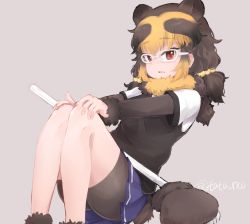 Rule 34 | 10s, 1girl, animal ears, artist name, bear ears, paw stick, bear tail, black hair, blonde hair, fur trim, grey background, kemono friends, low twintails, miniskirt, open mouth, red eyes, scarf, simple background, sitting, skirt, solo, spectacled bear (kemono friends), sunglasses, tail, tatsuno newo, twintails