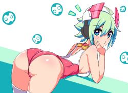 Rule 34 | 1girl, ahoge, ass, azure striker gunvolt, bare shoulders, bent over, blue eyes, blush, breasts, cougar (cougar1404), from behind, green hair, headgear, leaning, leaning forward, leotard, looking at viewer, looking back, roro (gunvolt), shiny clothes, shiny skin, short hair, sideboob, solo, thighhighs, white thighhighs