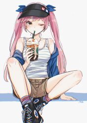 Rule 34 | 1girl, arm support, bare legs, black footwear, blue jacket, blue ribbon, brown eyes, brown shorts, character request, closed mouth, collarbone, converse, copyright request, drink, drinking straw, drinking straw in mouth, frappuccino, full body, grey background, hair ribbon, highres, holding, holding drink, jacket, long hair, long sleeves, looking at viewer, midriff peek, mizutamako, off shoulder, one eye closed, pink hair, ribbon, shorts, simple background, sitting, solo, striped tank top, tank top, twintails, virtual youtuber, visor cap