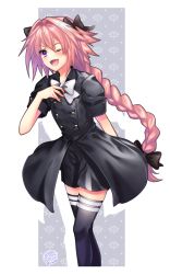Rule 34 | 1boy, ;d, arm behind back, astolfo (apocrypha epilogue) (fate), astolfo (fate), black bow, black shorts, black thighhighs, bow, braid, fate/apocrypha, fate (series), floating hair, grey bow, grey neckwear, hair between eyes, hair bow, ittokyu, long hair, low-tied long hair, male focus, official alternate costume, one eye closed, open mouth, pink hair, ponytail, purple eyes, short shorts, shorts, single braid, smile, solo, standing, thighhighs, trap, very long hair, white background, zettai ryouiki