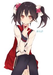 Rule 34 | 10s, 1girl, ao68, bad id, bad twitter id, black hair, black thighhighs, bow, hair bow, looking at viewer, love live!, love live! school idol project, red eyes, short hair, simple background, sitting, skirt, solo, thighhighs, twintails, white background, yazawa nico