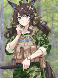 1girl ahoge alternate_costume animal_ears black_hair blue_eyes blurry blurry_background breasts commentary_request daring_tact_(umamusume) forest hair_ornament highres horse_ears horse_girl horse_tail long_hair looking_at_viewer military_combat_uniform military_uniform nature solo star_(symbol) star_hair_ornament tail umamusume weapon zenbrush2