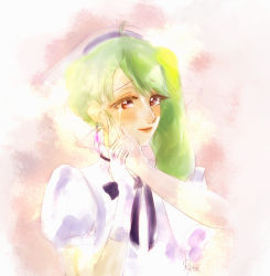 Rule 34 | 1girl, absurdres, bad id, bad pixiv id, black bow, blush, bow, brown eyes, crying, crying with eyes open, dress, gloves, green hair, hand on another&#039;s face, highres, macross, macross frontier, macross frontier: toki no meikyu, parted lips, portrait, ranka lee, rita (love giorno), solo focus, tears, veil, white dress, white gloves